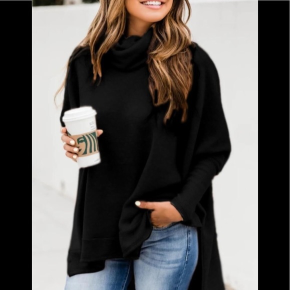 Casual Turtleneck Batwing Sleeve Side Slit Loose Knitted Pullover Tunic Sweater - Picture 8 of 12